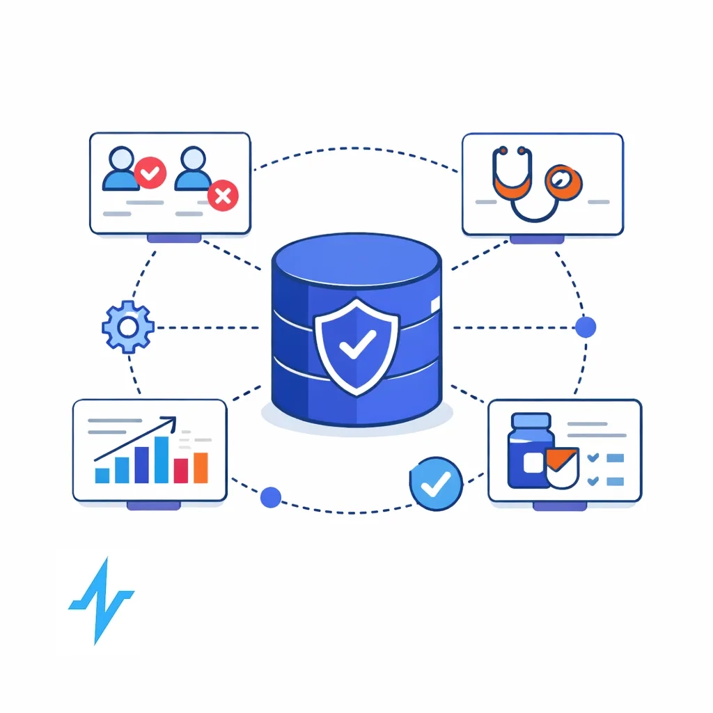 Stylized database icon connected to data cards showing duplicate removal and enrichment with specialty and prescribing behavior icons.