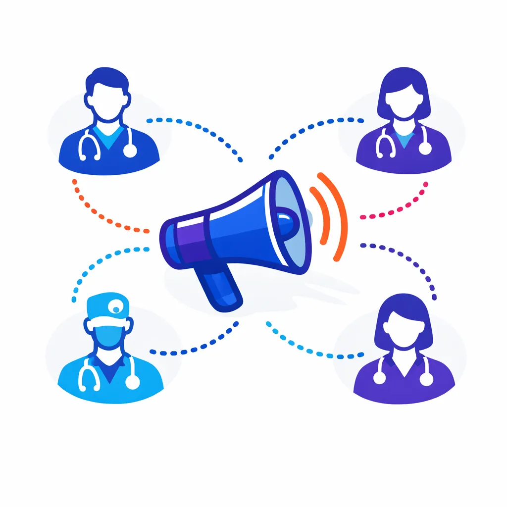 Megaphone emitting dotted-line waves reaching physician figures, symbolizing consistent communication to healthcare professionals.