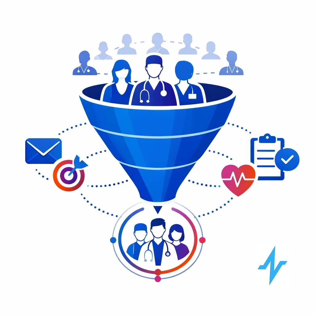 A funnel filters a group of doctors into a targeted subset linked to email and heart icons via dotted lines.