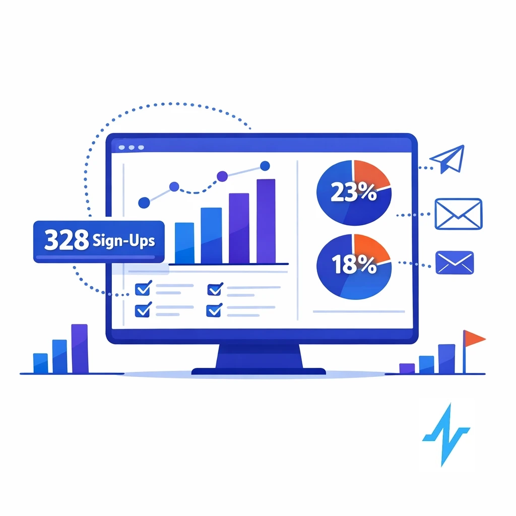 A monitor shows bar and pie charts with 328 sign‑ups and 23% and 18% open rates, connected to email icons.