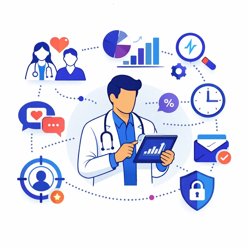 Illustration of a doctor reviewing data on a tablet with icons representing personalization and data‑driven healthcare marketing.