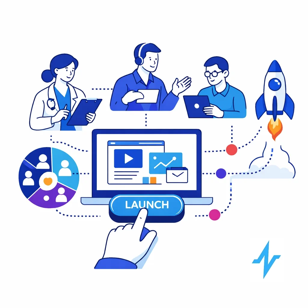 Team using a dashboard to launch a campaign with a rocket icon and dotted lines connecting segments and ads.