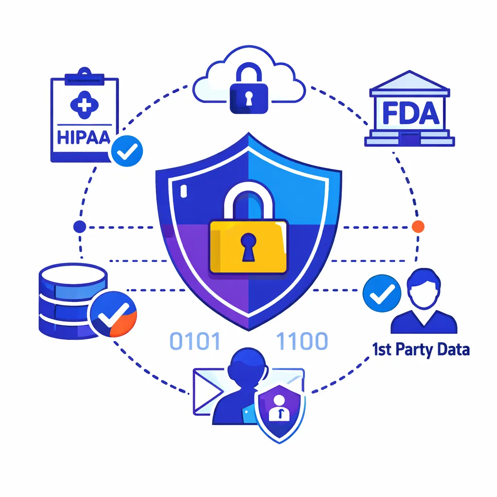 Shield and padlock surrounded by HIPAA, FDA and first‑party data icons illustrating enhanced compliance and data security.