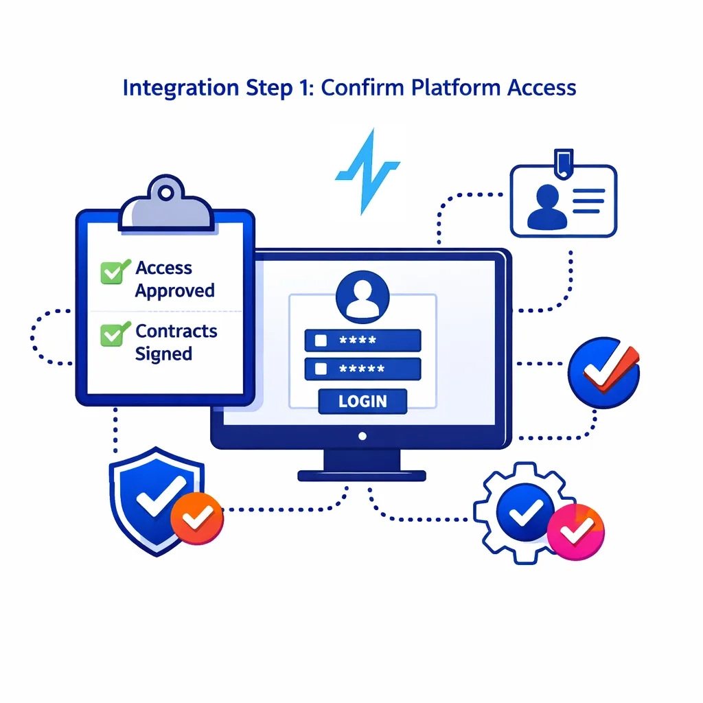 Checklist with “access approved” and “contracts signed” next to a login screen showing integration step 1.