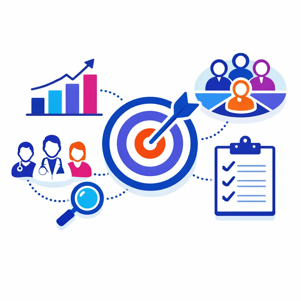 Target board with segments, people icons, bar graph and clipboard representing defining campaign objectives and segments.