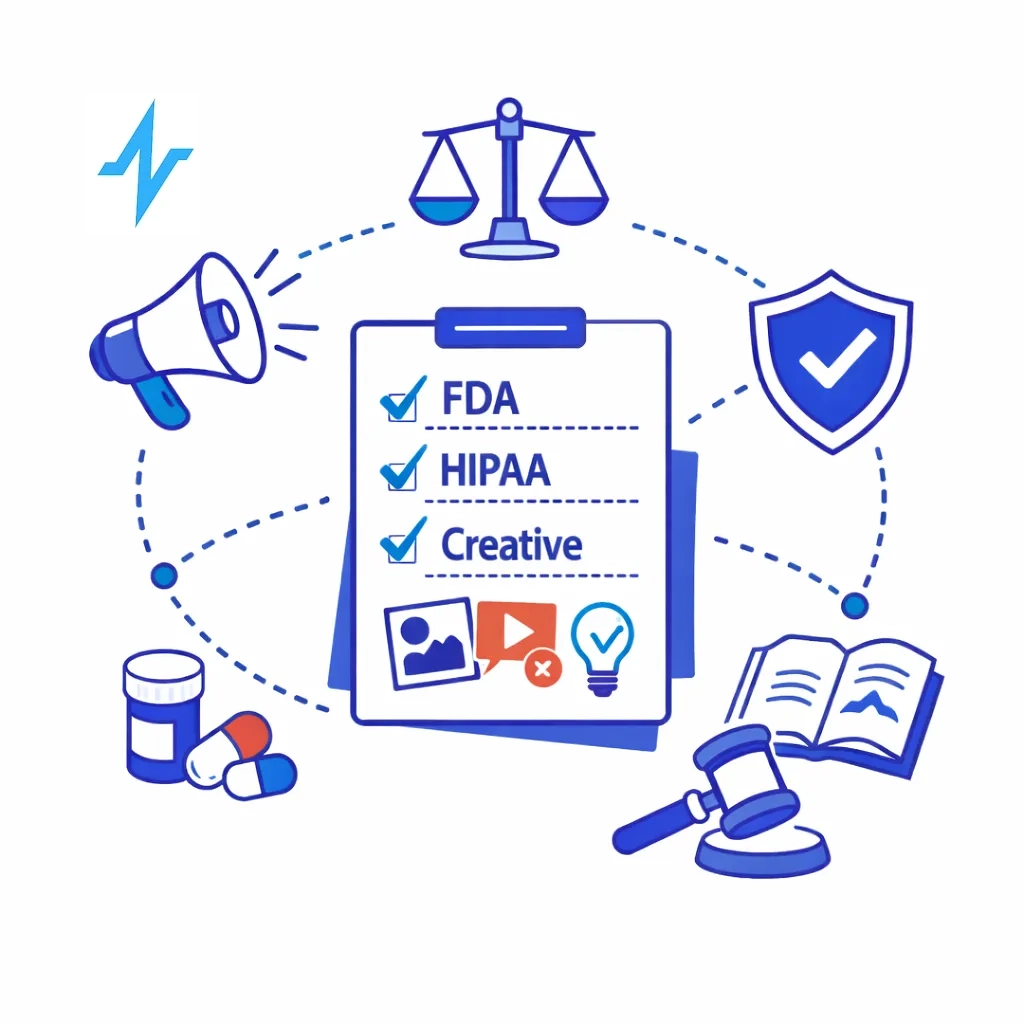 Clipboard listing FDA, HIPAA and creative checkmarks with scales, shield and compliance icons representing creative and compliance preparation.