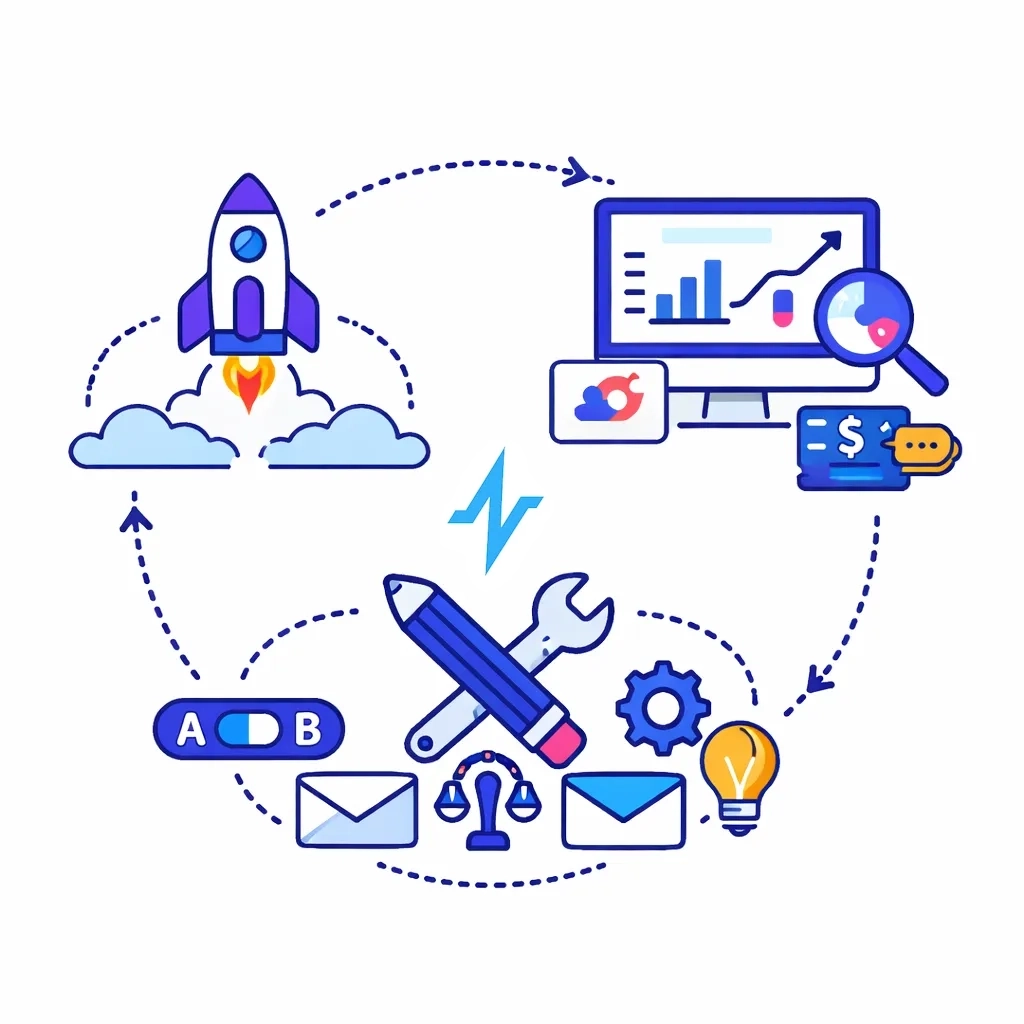 Circular loop with rocket launch, analytics dashboard and pencil with gears illustrating testing, reviewing and optimizing campaigns.
