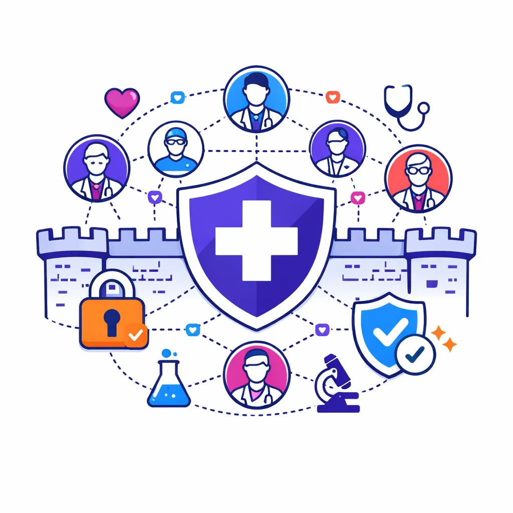 Network of doctors within a secure walled garden with a lock icon illustrating Sermo’s physician‑only social platform.