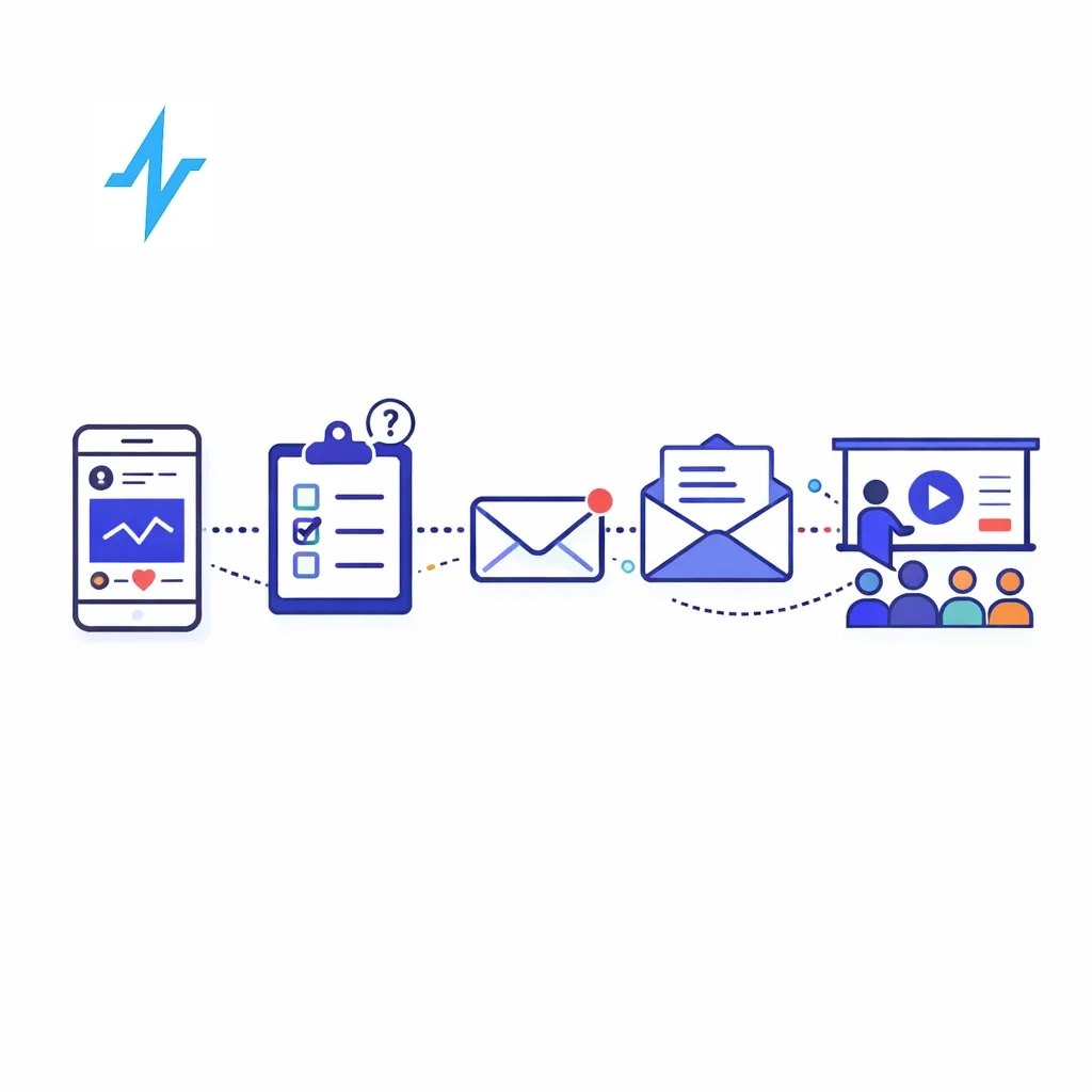 Linear row of icons representing posts, surveys, emails, letters and live events connected by dotted lines to show diverse engagement formats.
