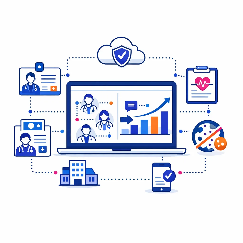 CRM dashboard on a laptop with connected doctor profiles, charts and shield icon representing Pulse Health’s CRM platform.