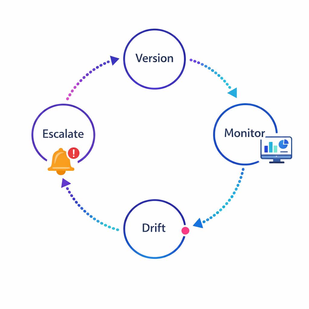A lifecycle loop showing model versioning, monitoring, drift checks, and escalation paths.
