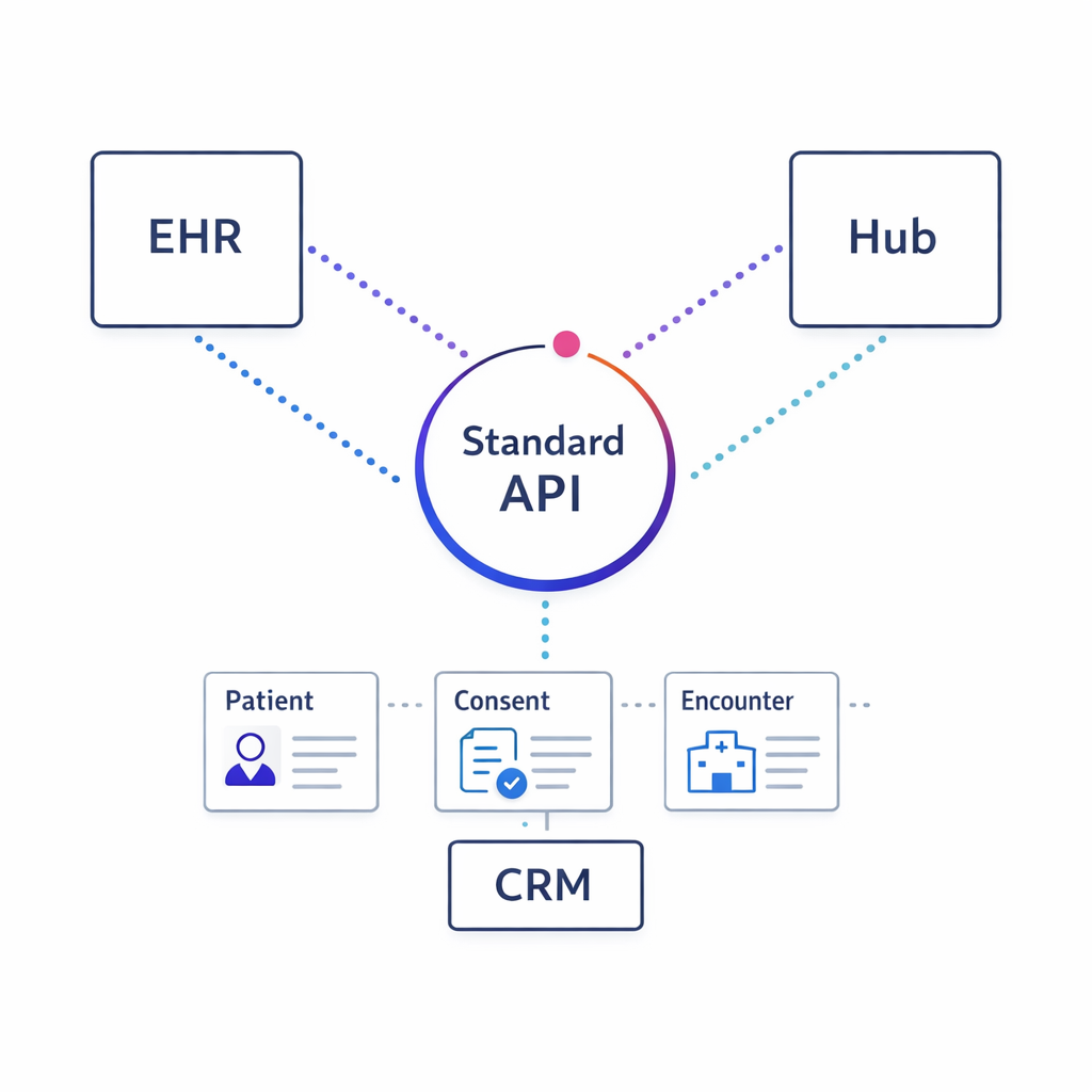 A simplified interoperability diagram showing standardized data exchange between systems using FHIR-like resources.