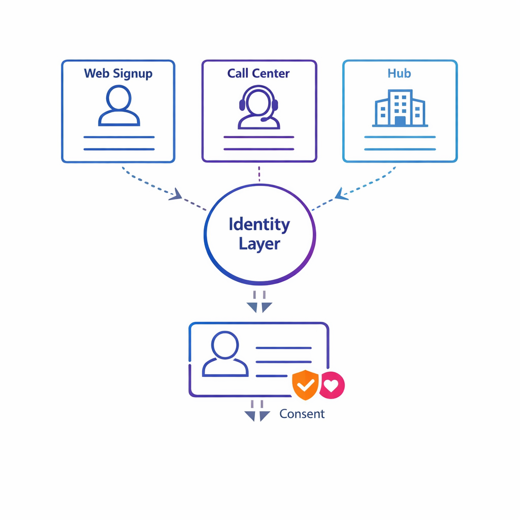 An identity layer diagram merging fragmented profiles into one consent-aware patient record.