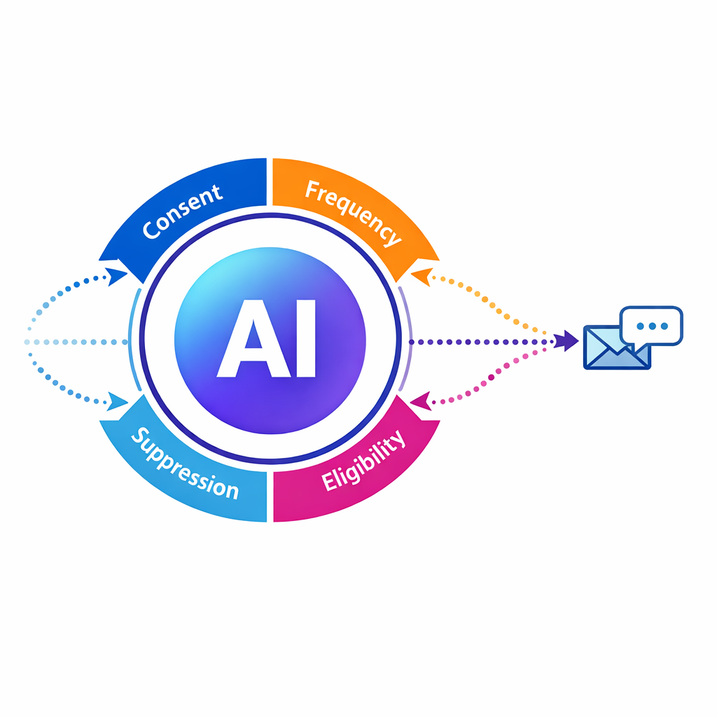 A guardrail framework showing rules wrapped around AI decisions for safety and compliance.