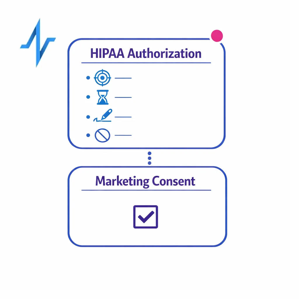 Two stacked cards compare HIPAA authorization elements with general marketing consent in a simple checklist.