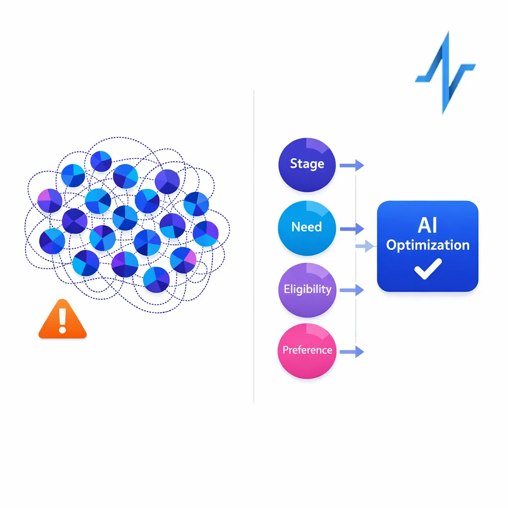 An illustration showing many brittle micro-segments versus a few stable journey segments with AI optimization.