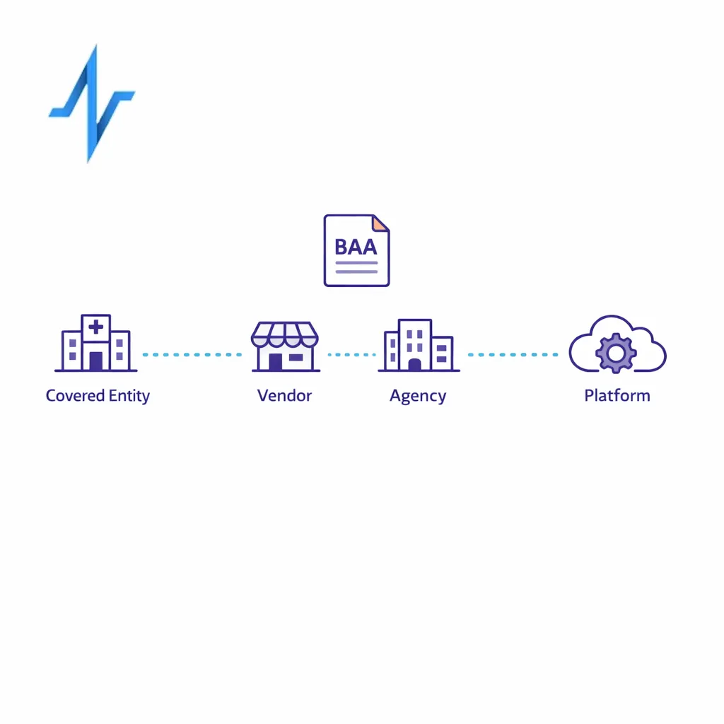 A chain of vendor nodes illustrates a BAA link between covered entities and marketing partners.