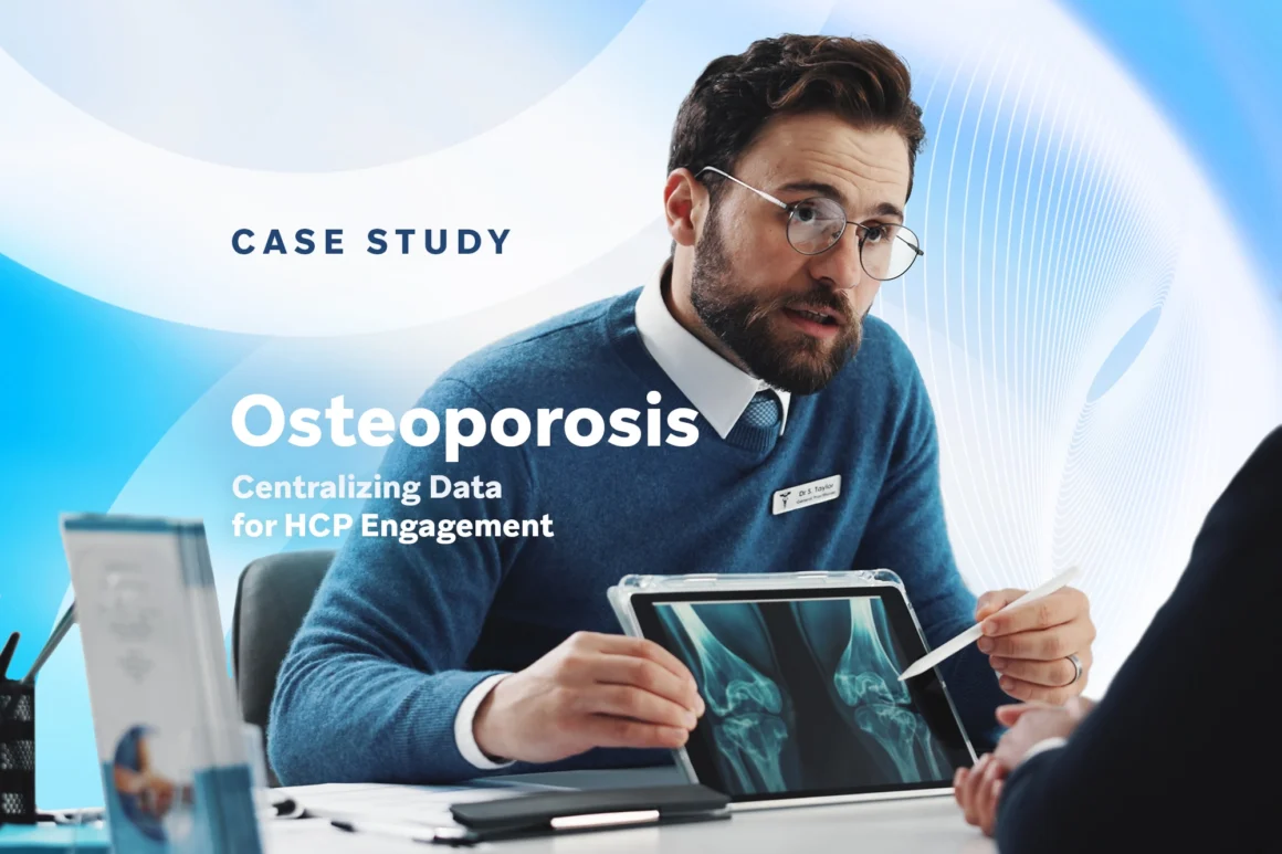 Case study cover showing a clinician discussing an osteoporosis X-ray on a tablet, with text about centralizing data for HCP engagement.