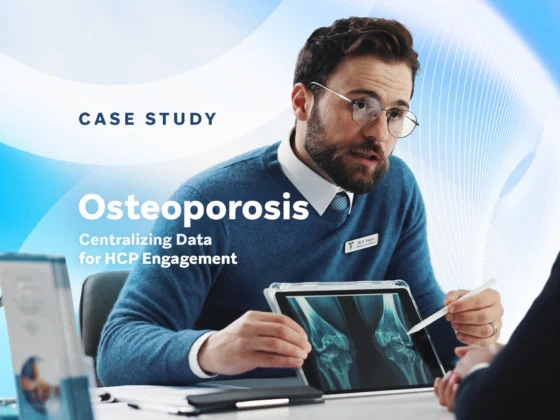 Case study cover showing a clinician discussing an osteoporosis X-ray on a tablet, with text about centralizing data for HCP engagement.