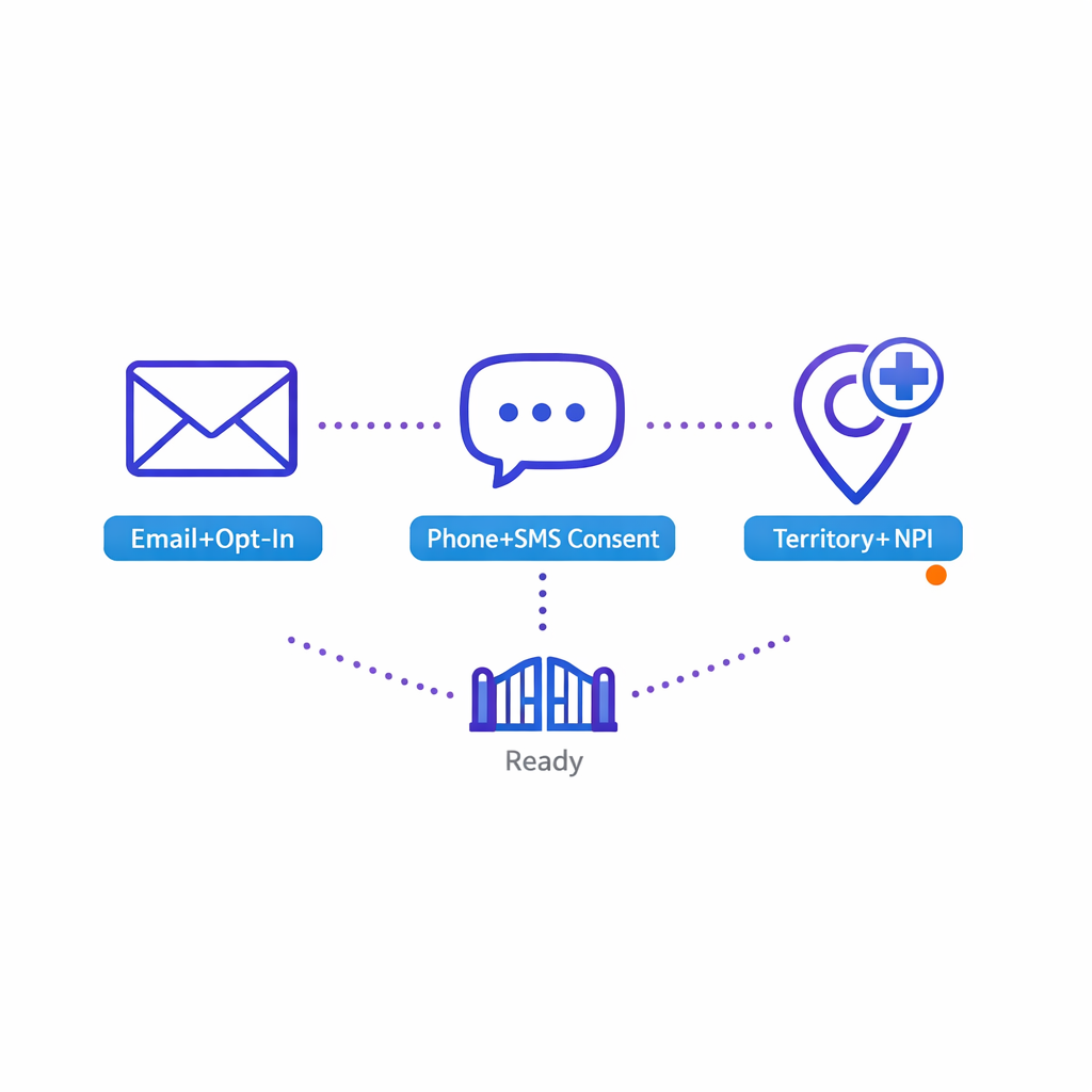 Icons show required fields per channel so segments only activate when complete and consented.