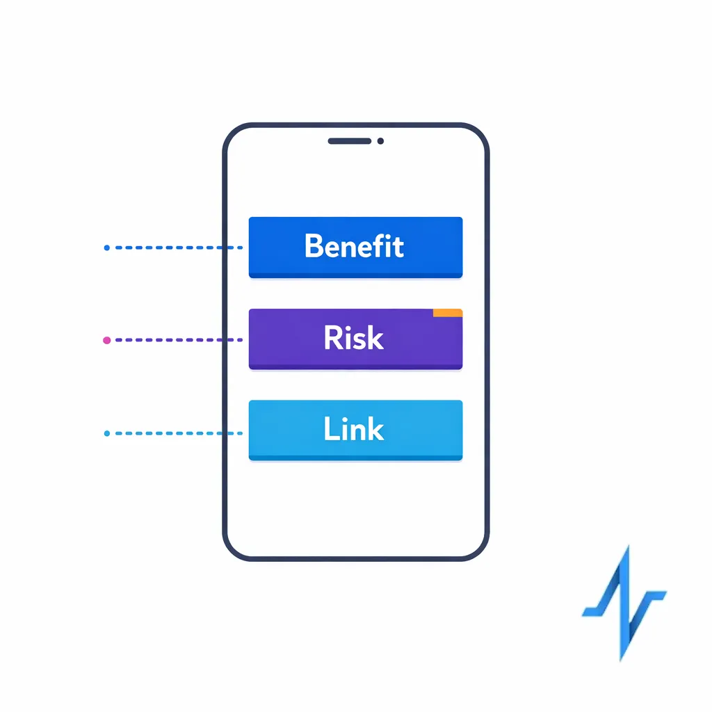 A small-screen message template showing balanced benefit and risk space planning with modular blocks.