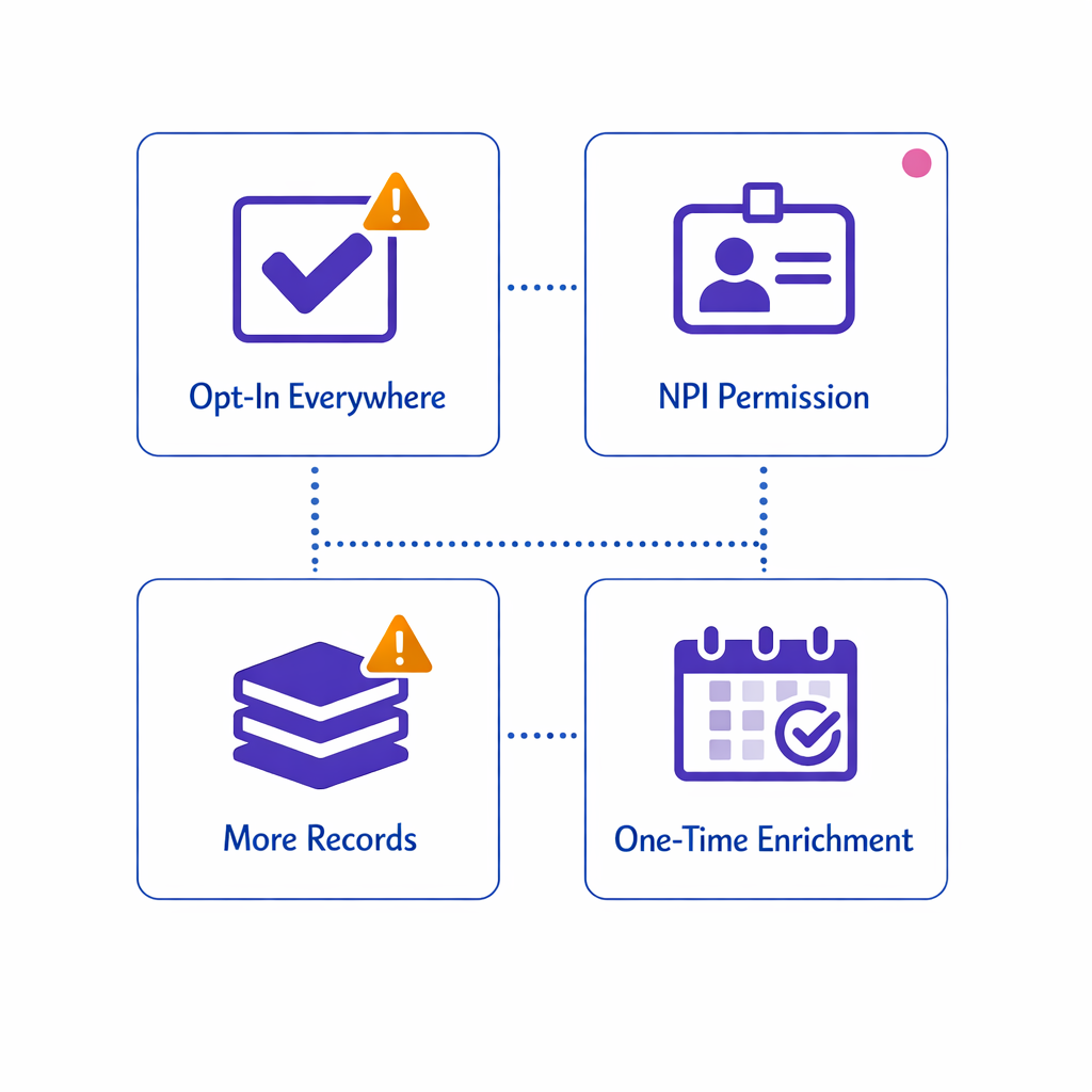 Four small caution cards summarize frequent list-building mistakes like assuming universal opt-in.