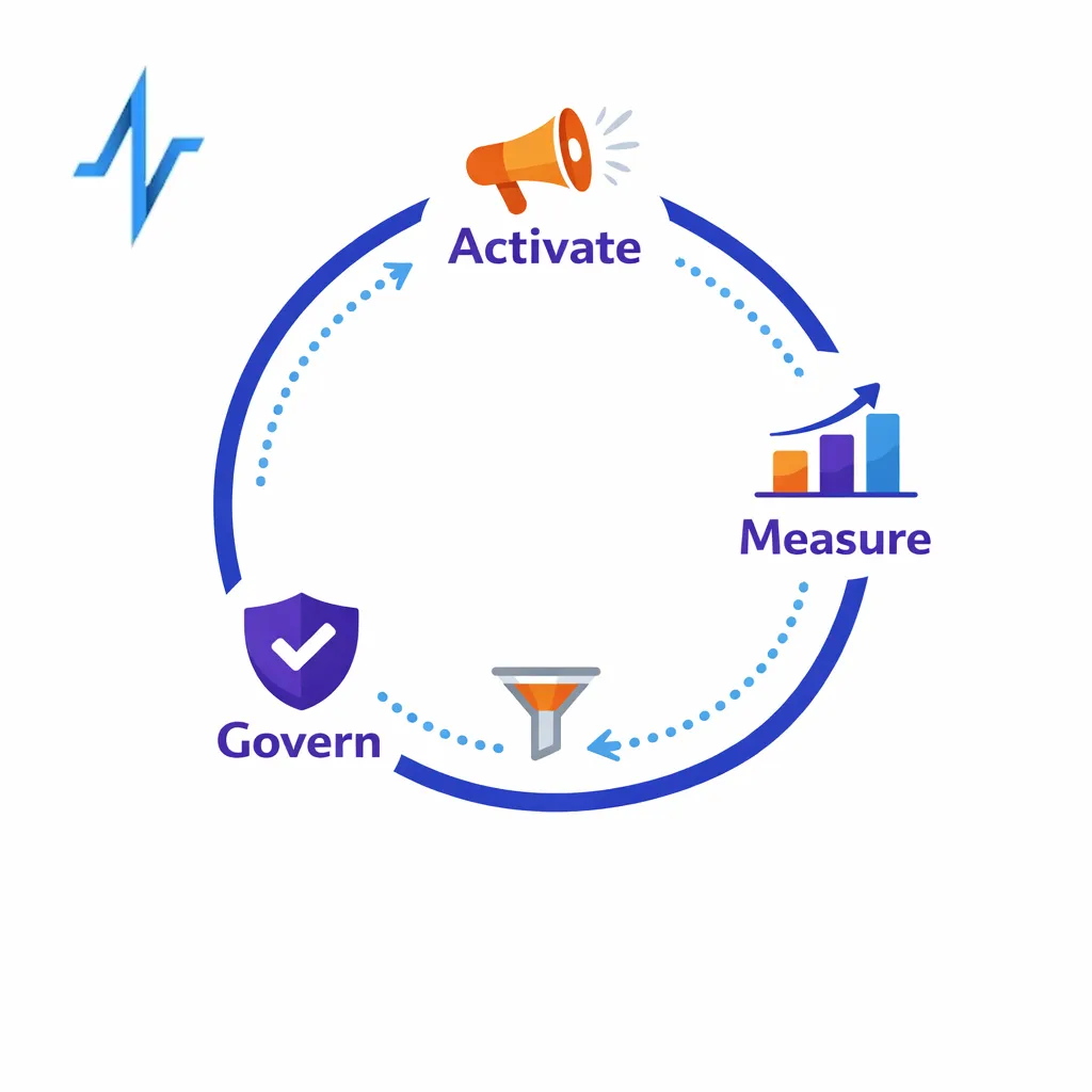 A loop diagram shows activation to measurement to governance improvements without exposing sensitive data.