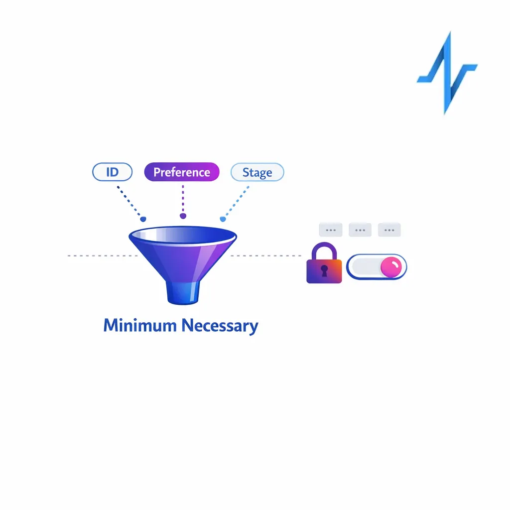 A minimalist graphic showing consent gating and collecting only minimum necessary data.