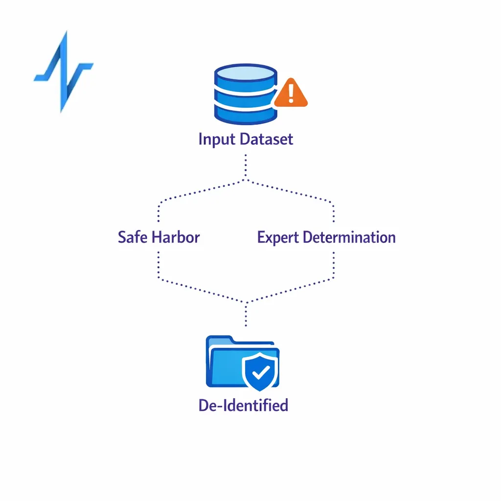 A two-path flow shows Safe Harbor and Expert Determination leading to de-identified outputs.
