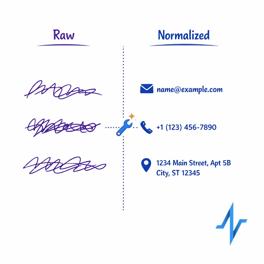 Before-and-after columns show messy fields transformed into standardized formats for matching.