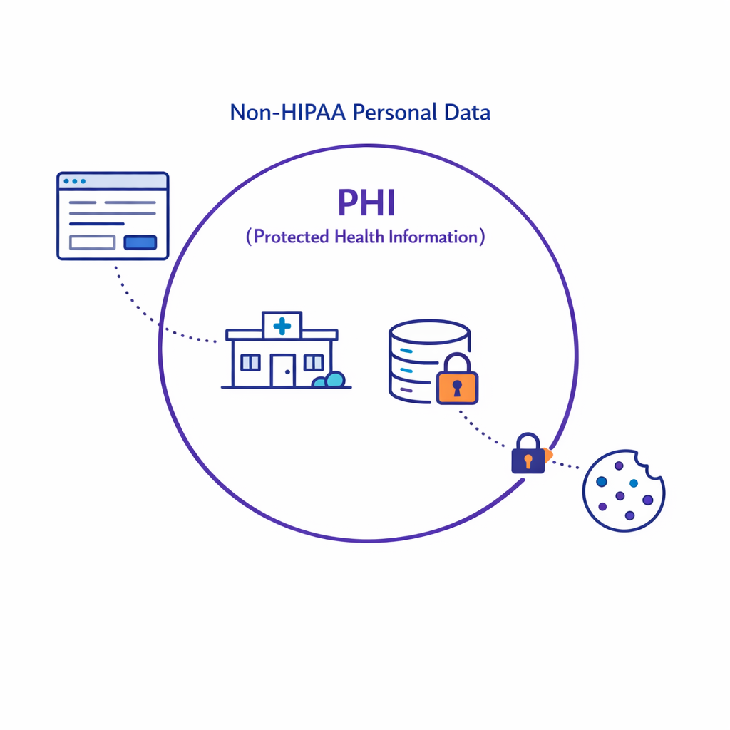 A split scene contrasts PHI inside a protected boundary with non-HIPAA personal data outside it.