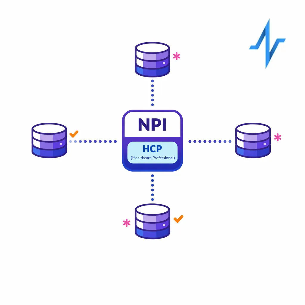 Line-art diagram showing multiple data sources merging into one HCP identity spine anchored by NPI.