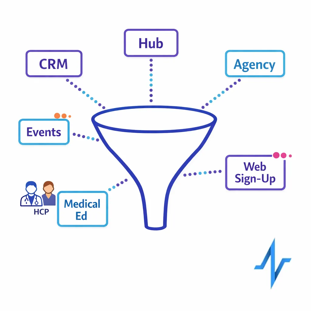 Map of internal and partner inputs feeding an audience build pipeline with clear ownership cues.