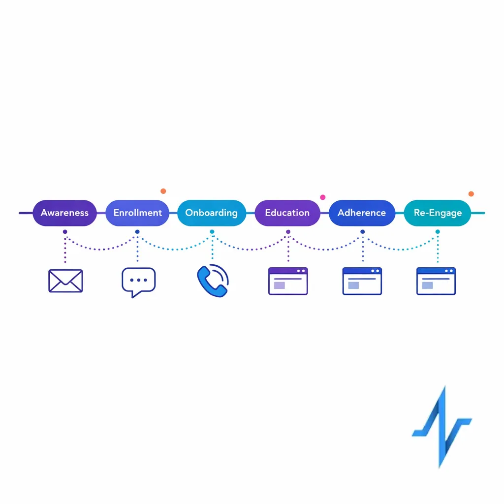 A clean journey map showing coordinated patient touchpoints across channels with dotted connectors.