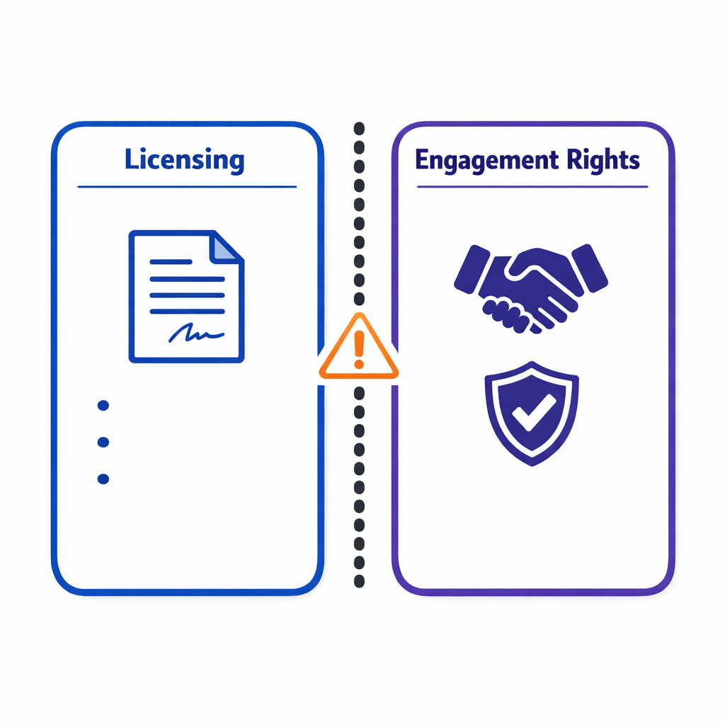 Two-column comparison separates data licensing rights from engagement rights with clear boundaries.