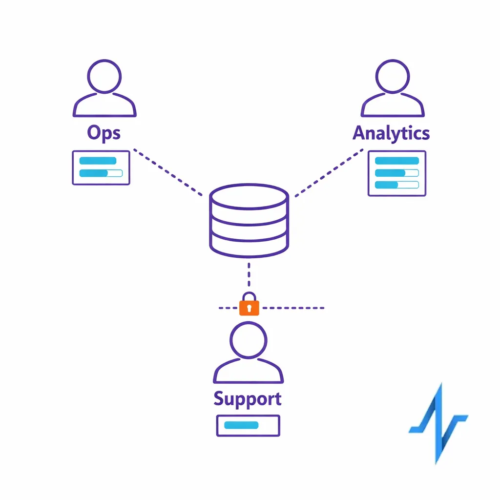 A role-based access diagram shows different users receiving only the data fields they need.