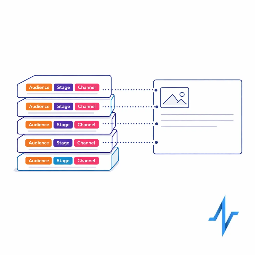 A content module stack with tags for audience, stage, and channel constraints.