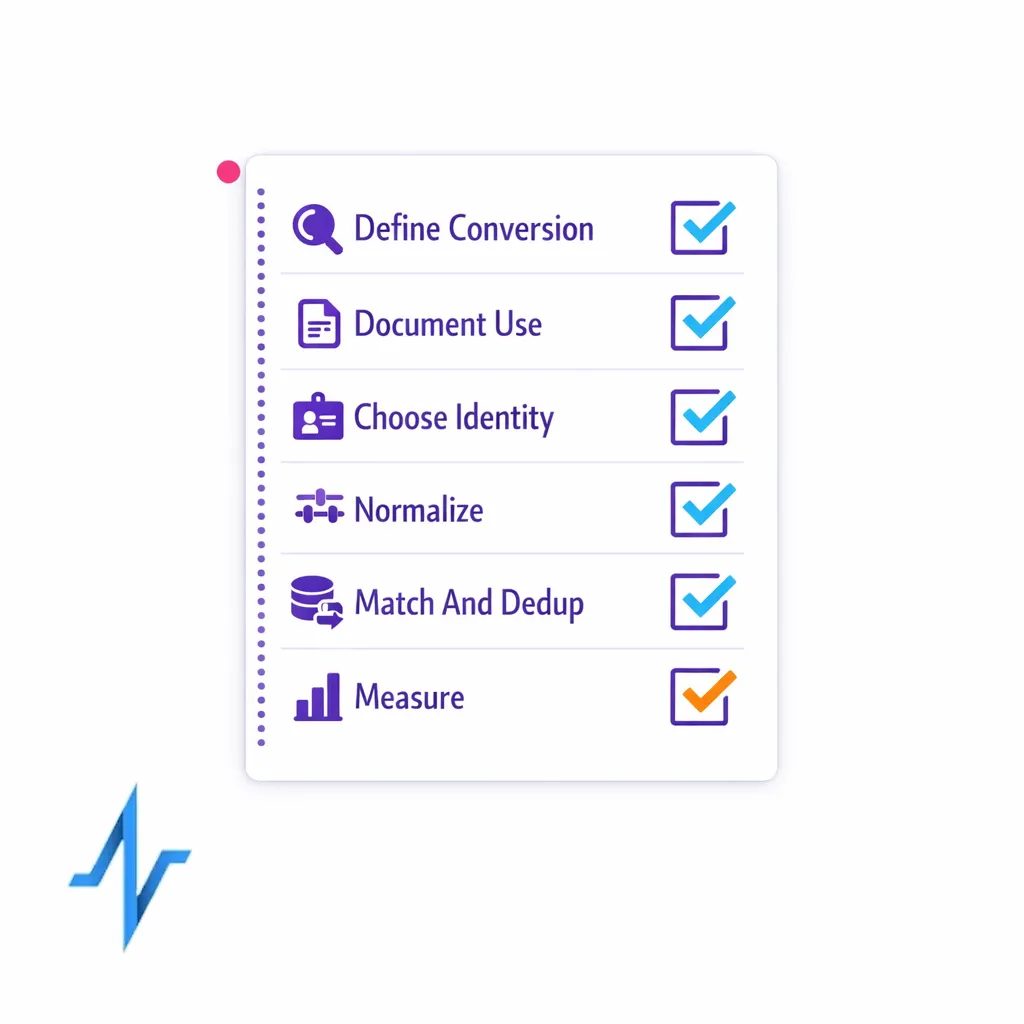 Compact checklist summarizes the workflow steps from define conversion to measure and iterate.