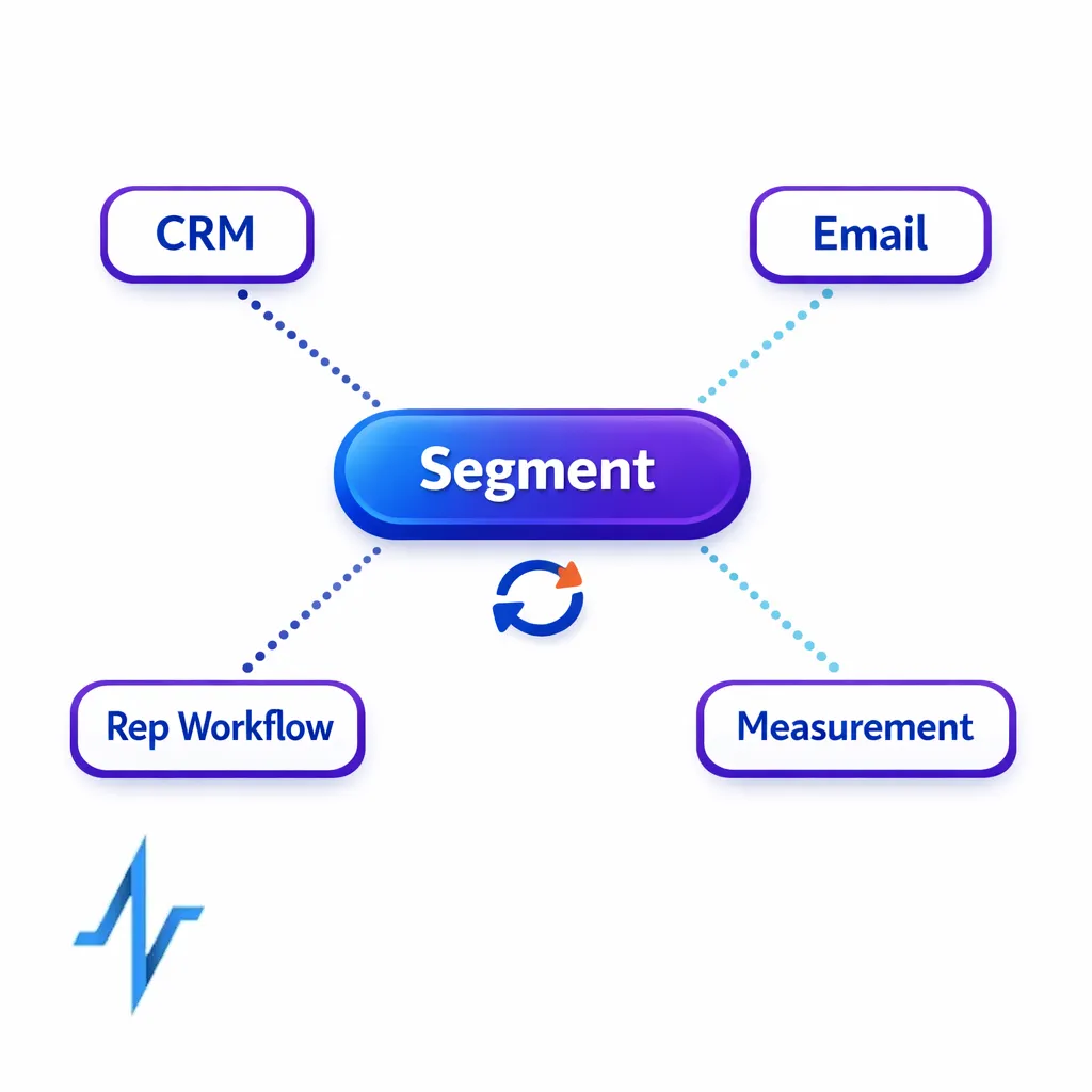 One audience segment flows into CRM, email, rep workflows, and measurement without rebuilds.
