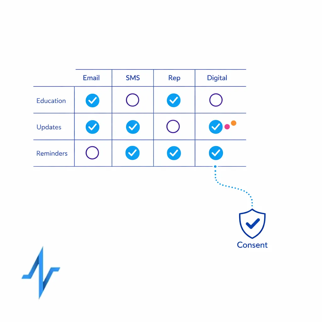 Minimal grid shows channel permissions and purpose-based consent states for an opt-in audience.