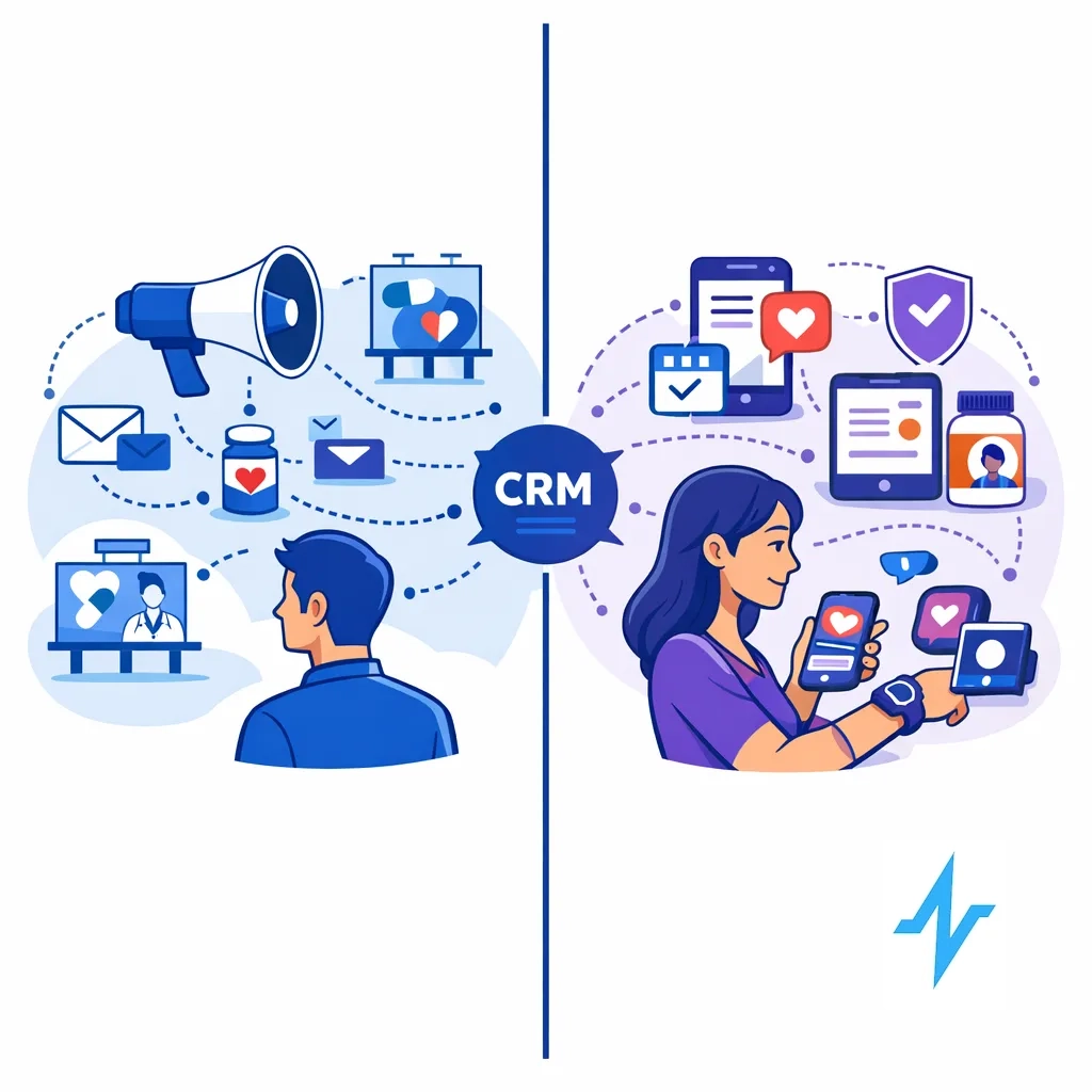 Split illustration contrasting one size fits all campaigns with personalized digital health marketing using AI-driven CRM.