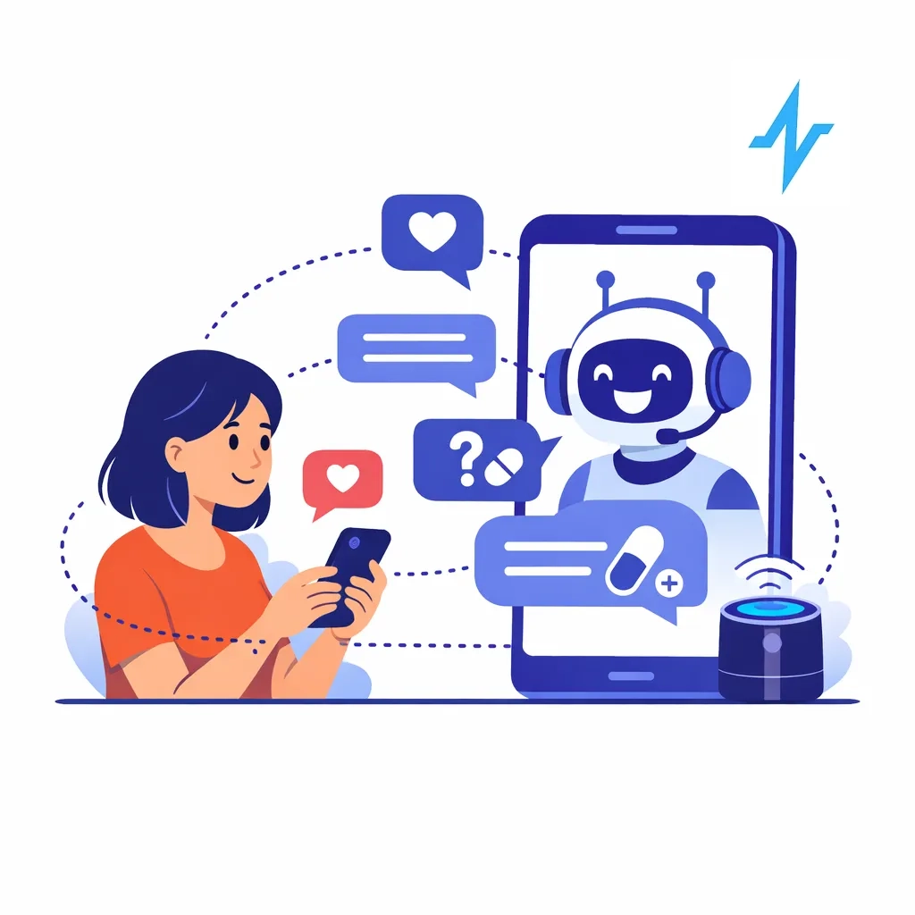 A patient chats with an empathetic AI assistant on a smartphone illustrating conversational healthcare support.