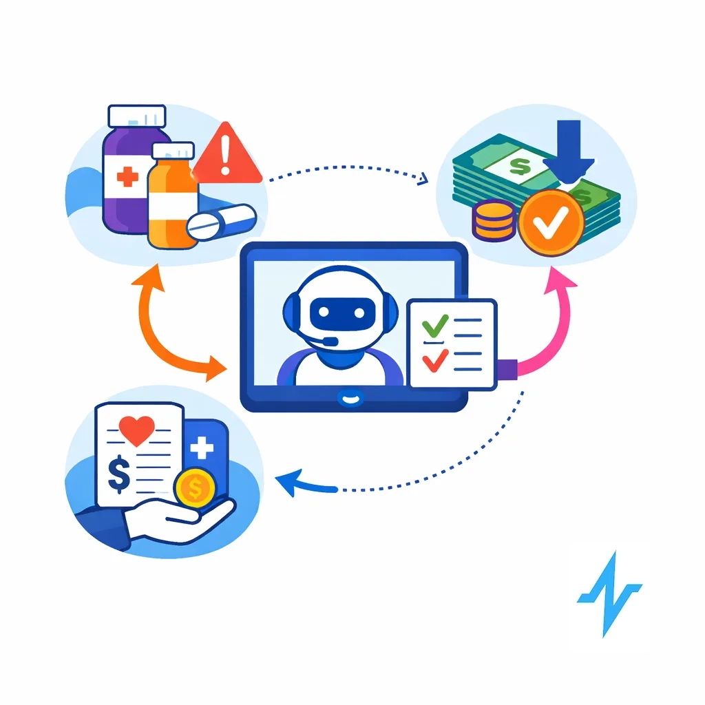 Healthcare professional reviews AI alerts for drug interactions, cost options and assistance programs.