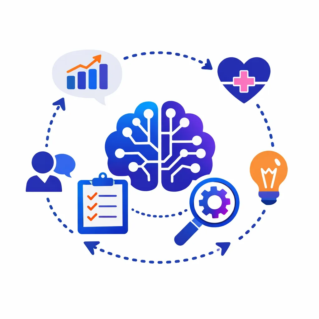 Circular arrows surround an AI brain showing how patient interactions improve CRM intelligence over time.