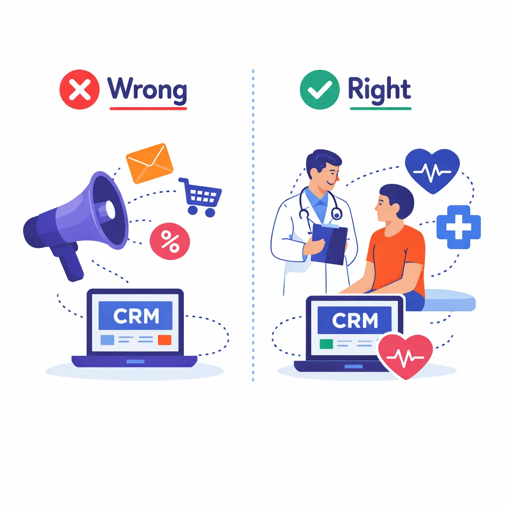 Comparison shows misuse of CRM for marketing alone versus proper care coordination and patient support.