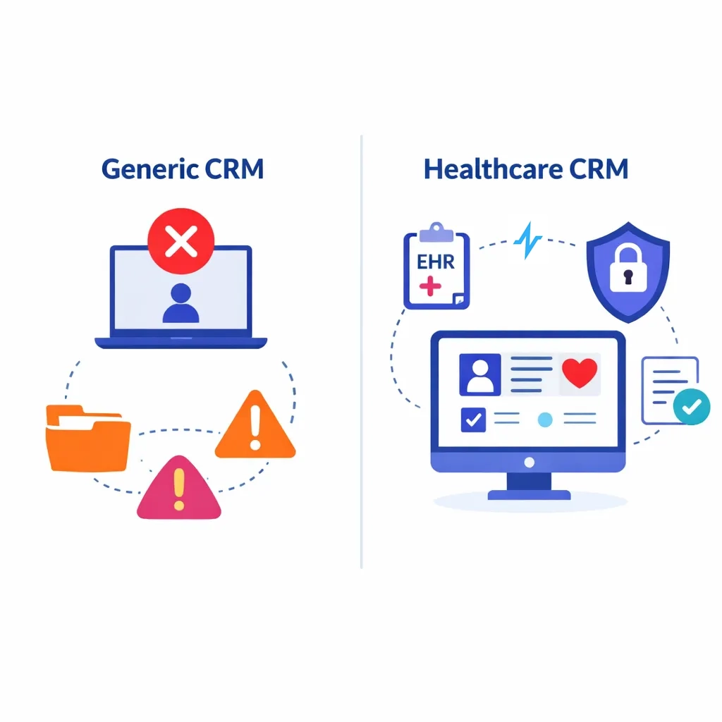 Split graphic contrasts a generic CRM lacking EHR integration with a secure healthcare specific CRM platform.