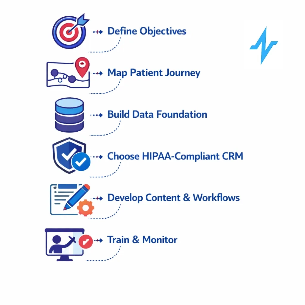Vertical flowchart lists steps to build a compliant AI driven CRM including objectives, data, platform and training.