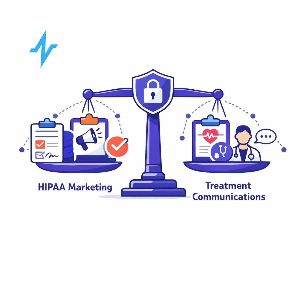 Balanced illustration comparing marketing messages requiring authorization to permitted treatment communications under HIPAA.
