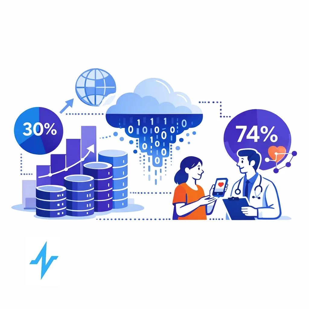 Abstract infographic shows explosive data growth and a statistic that 74 percent of patients will share health information.