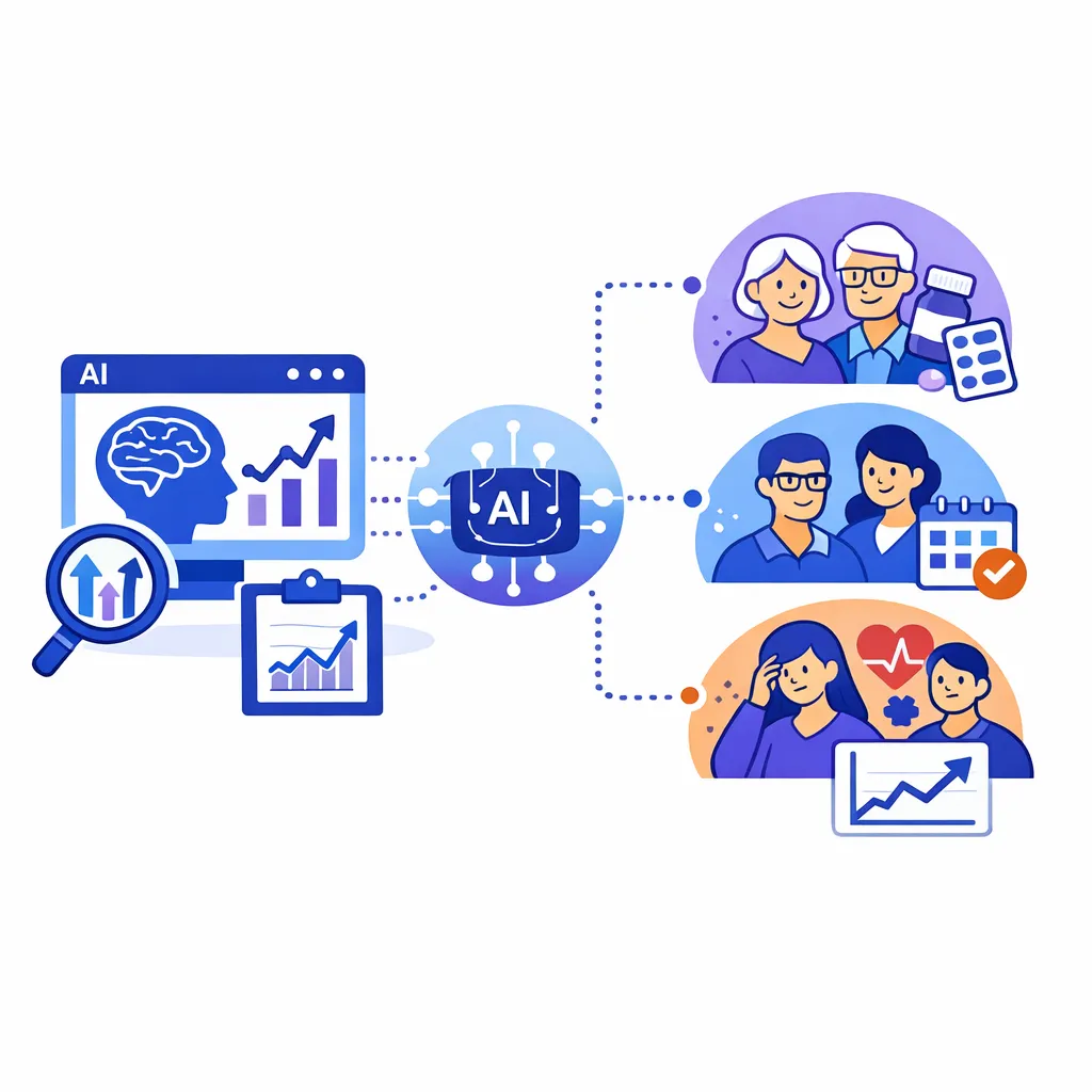 AI sorts patient icons into segments and predicts adherence risks using modern minimal line art.